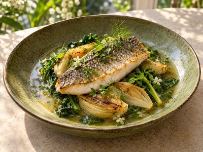 Roasted Sea Bass with Bacon and Herb Consommé